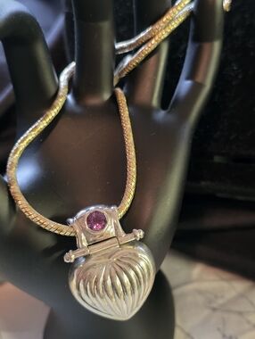 SS amethyst puffed heart pendant on A Sterling Silver And Gold Tone Chain